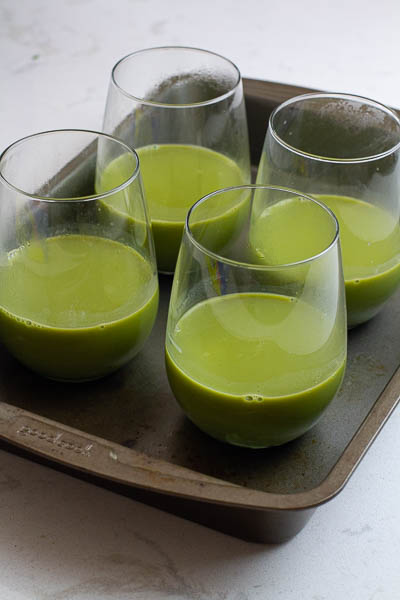 matcha pudding mix in glass cups.