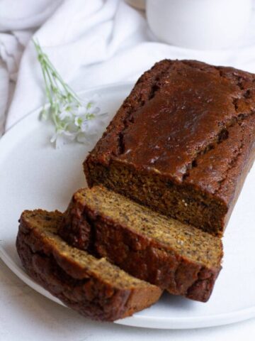 Gluten-free, dairy-free earl grey banana bread from side.