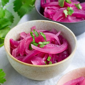 Close up shot of Asian pickled red onion with cilantro topping.