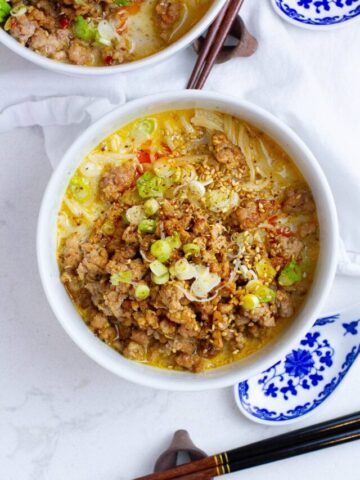 Brothy dan dan noodles from top.