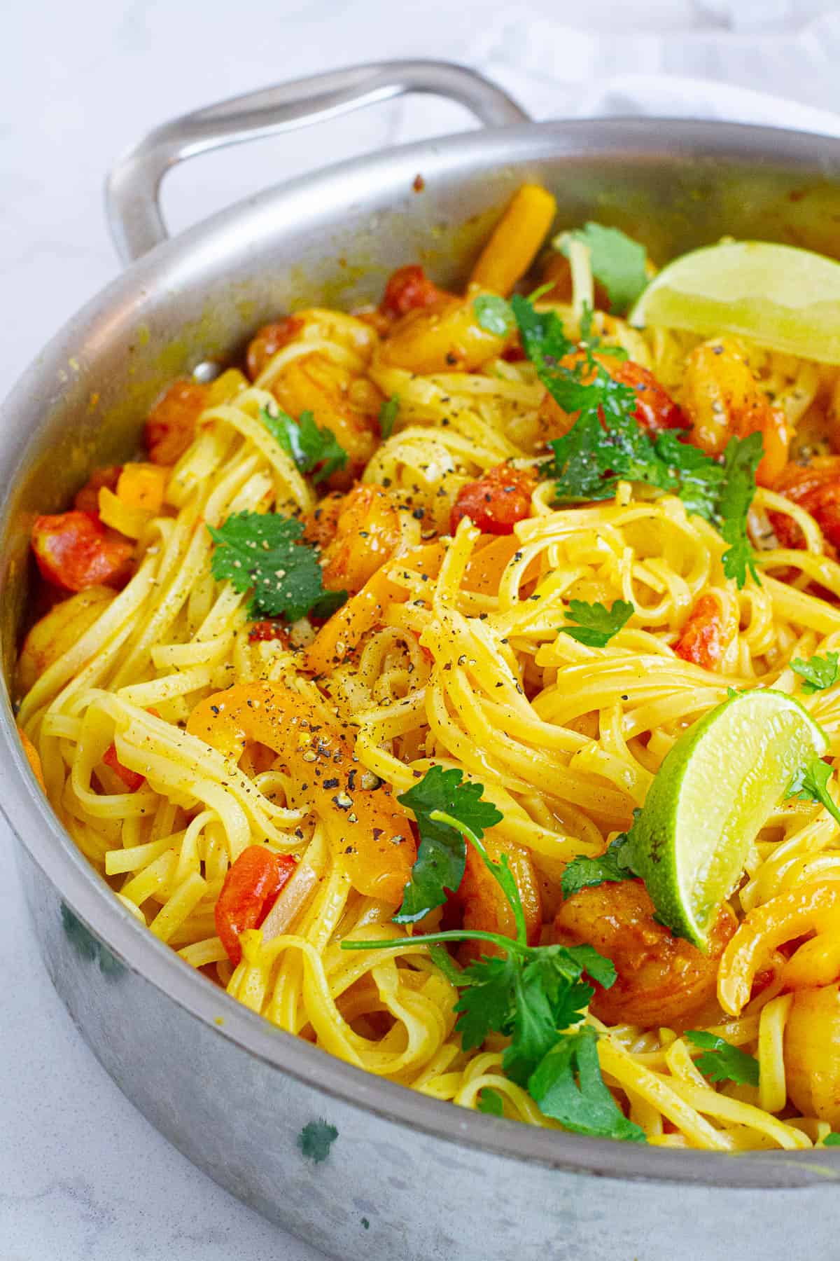 Close shot of coconut shrimp noodles.