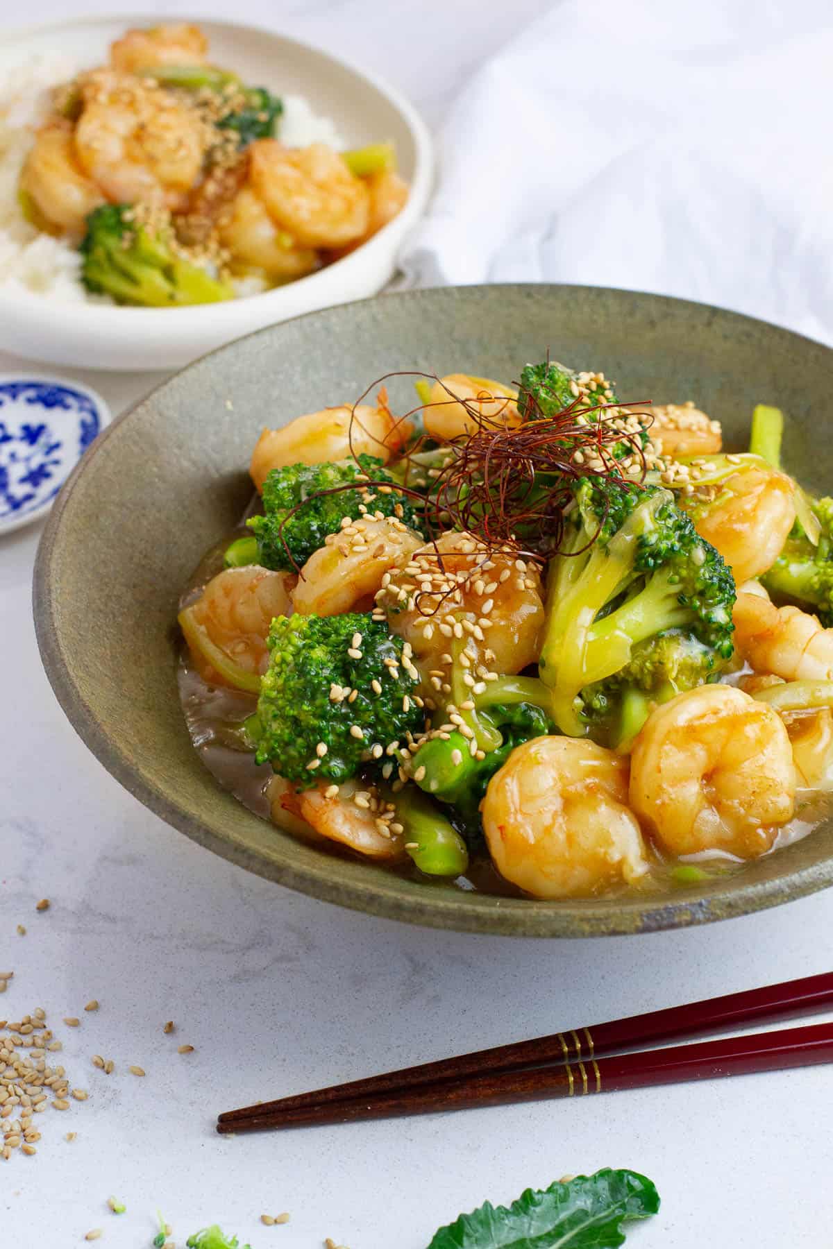 Shrimp and broccoli served in a bowl.