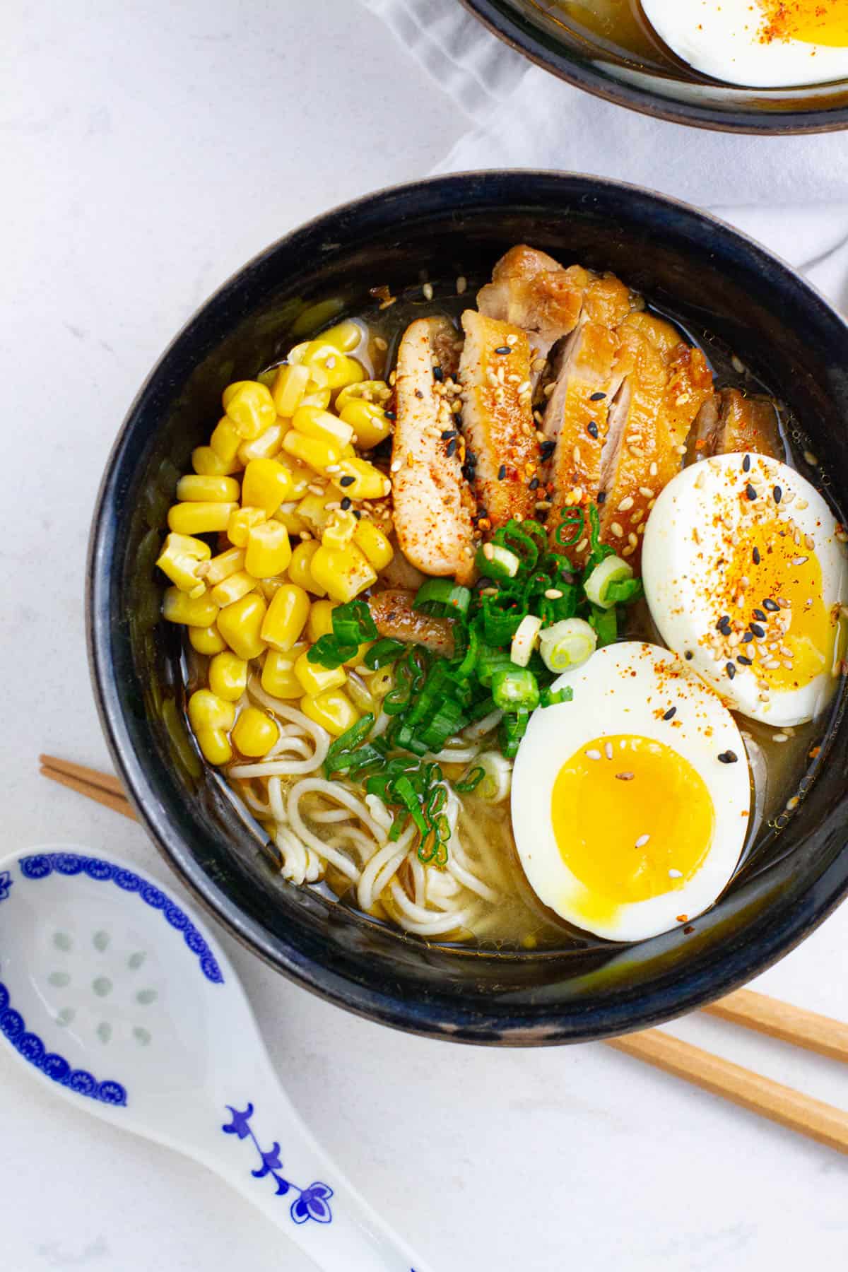 Top view of teriyaki chicken ramen.