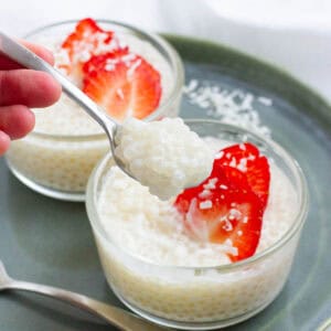 Coconut milk sago being spooned out.