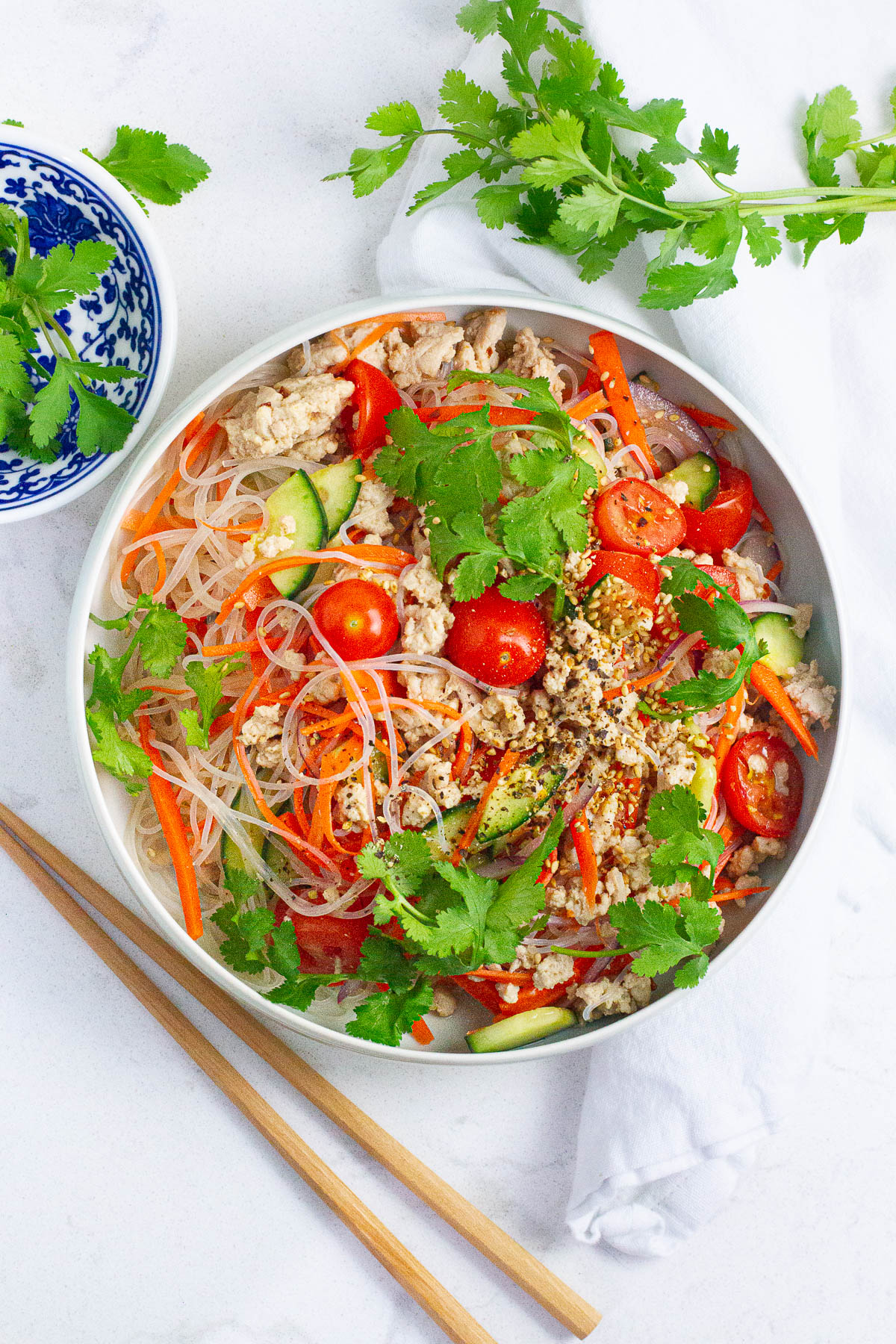 Top view of Thai glass noodle salad with chicken.