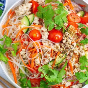 Top view of Thai glass noodles with chicken.