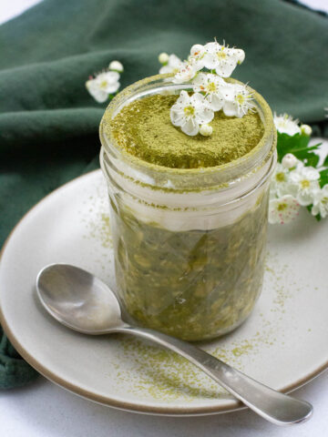 Matcha overnight oats in a jar.
