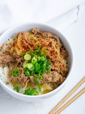Japanese beef donburi in a bowl.
