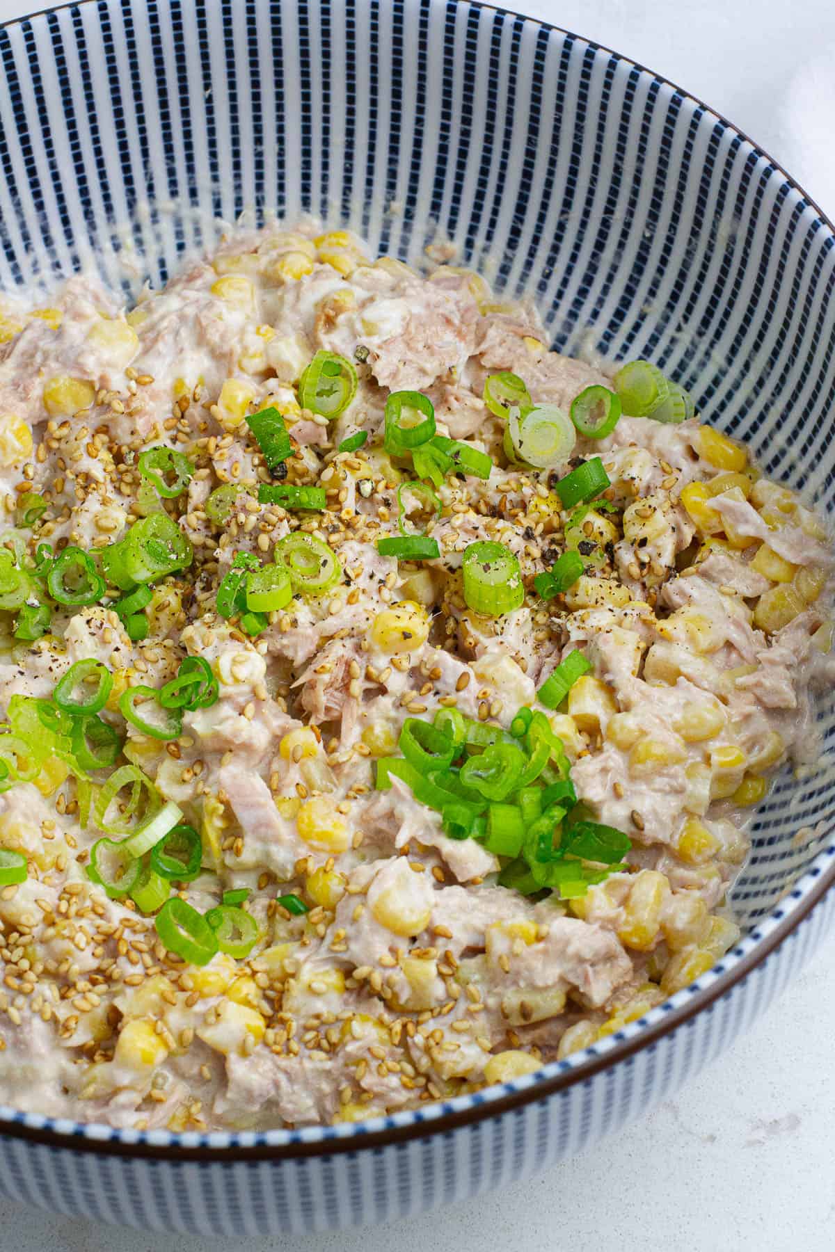 Close up shot of tuna corn salad.
