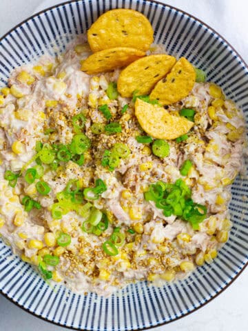 Top view of tuna corn salad in a bowl.