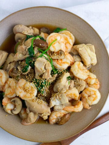 Top view of chicken and shrimp stir fry.