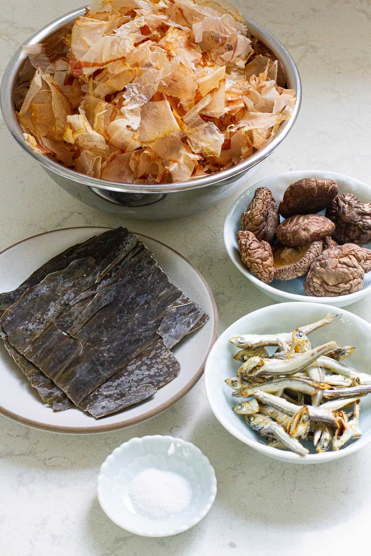 Dashi ingredients (katsuobishi, konbu, niboshi, dried shiitake, salt)