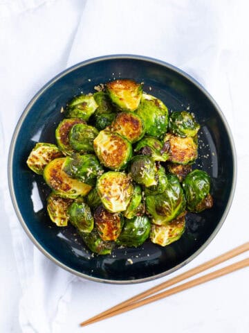 Top view of honey sriracha brussels sprouts
