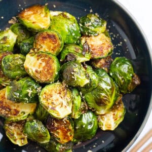Top view of hot honey brussels sprouts