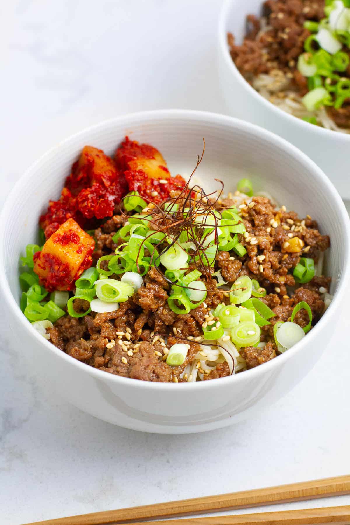 Bulgogi noodles in a bowl.