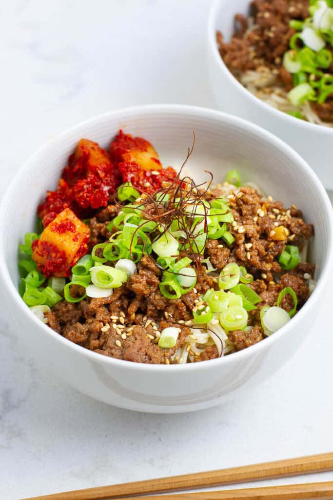 Bulgogi noodles in a bowl.