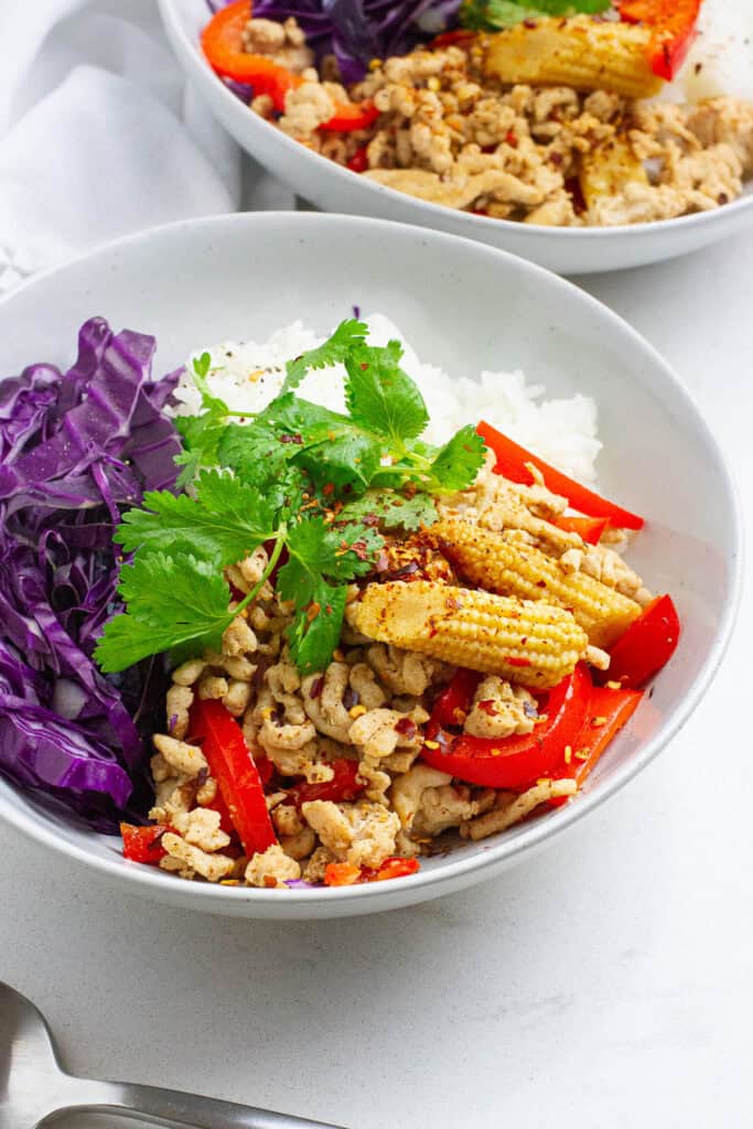 Close up shot of spicy ground chicken stir fry.