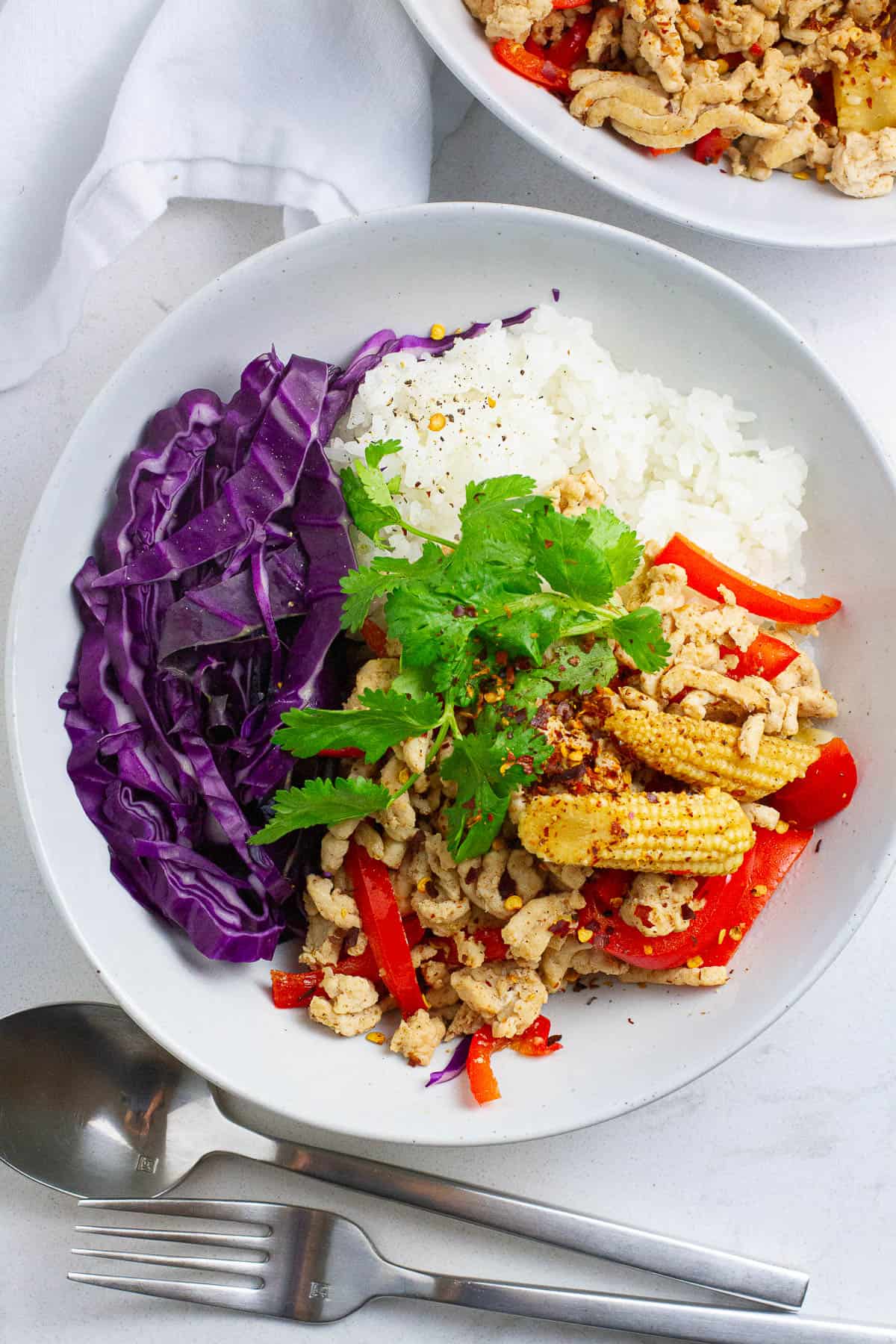 Top view of ground chicken stir fry.