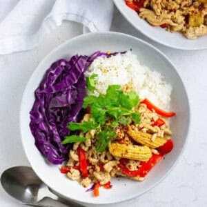 Top view of spicy ground chicken stir fry.