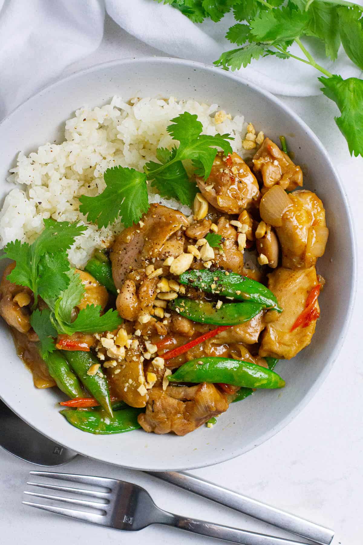 Top view of chicken satay stir fry with rice.