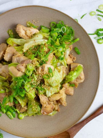 Top view of chicken and cabbage stir fry.