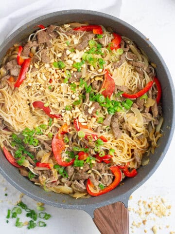 Top view of beef satay noodles.