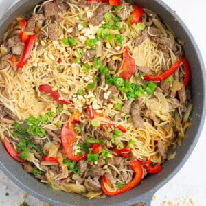 Top view of beef satay noodles.