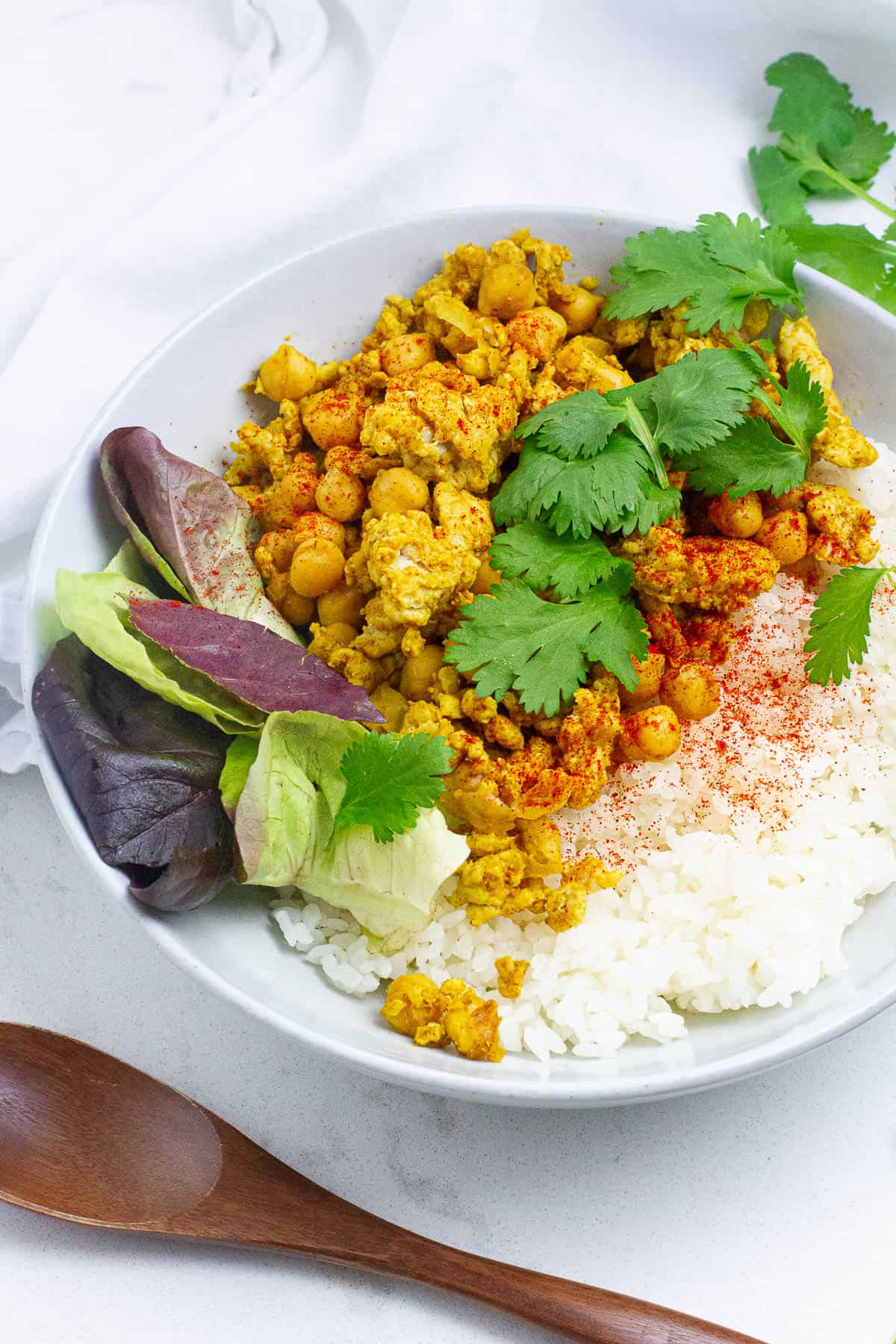 Close up shot of chicken chickpea curried stir fry.