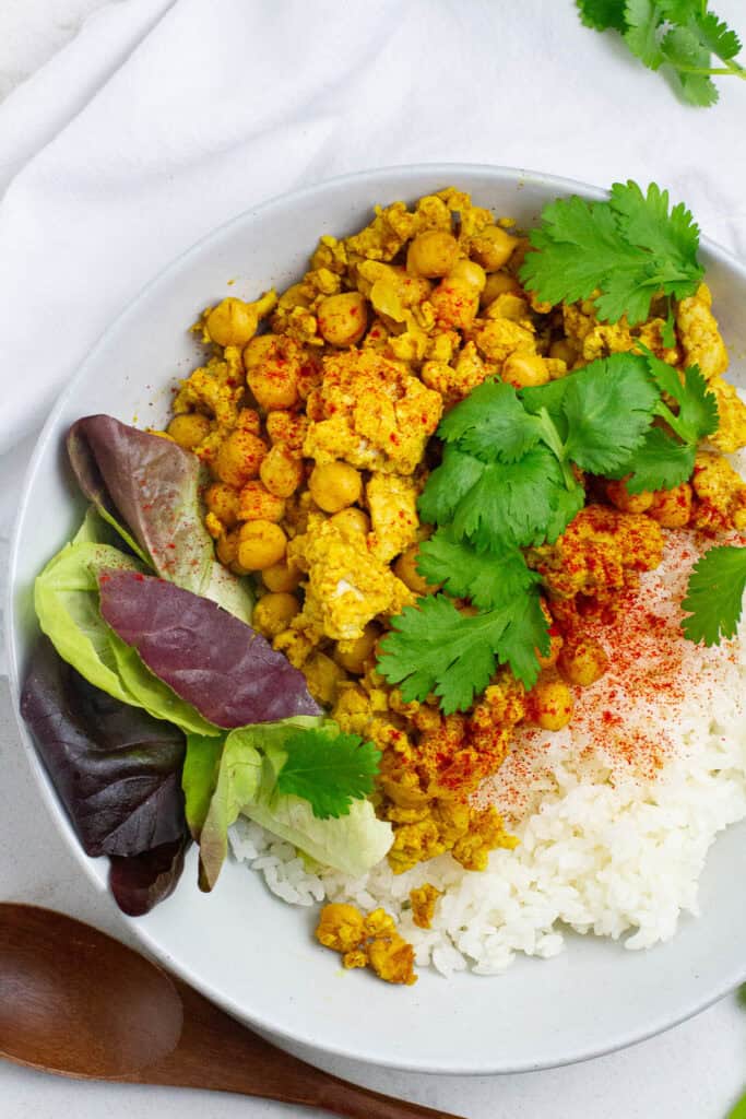 Close up shot of chicken chickpea curried stirfry.