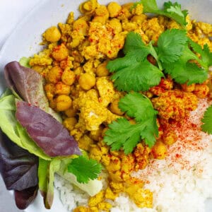 Close up shot of chicken chickpea curried stir fry.