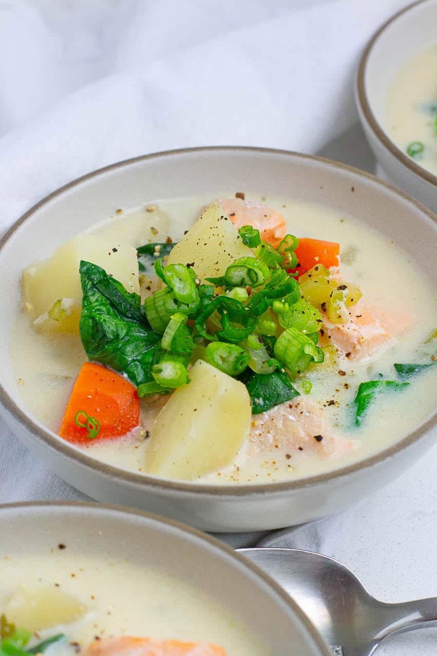 Close up shot of creamy salmon soup.
