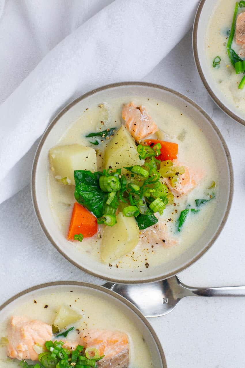 Top view of creamy salmon soup.