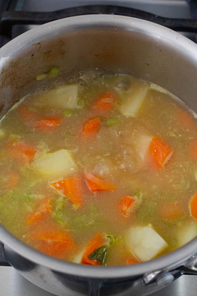 Carrots and potato simmered in broth in a saucepan.