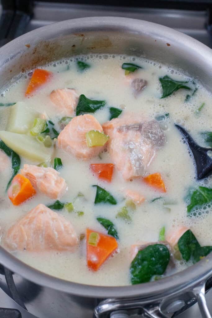 Creamy salmon soup in a saucepan.