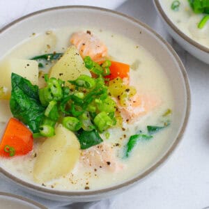 Close up shot of creamy salmon soup.