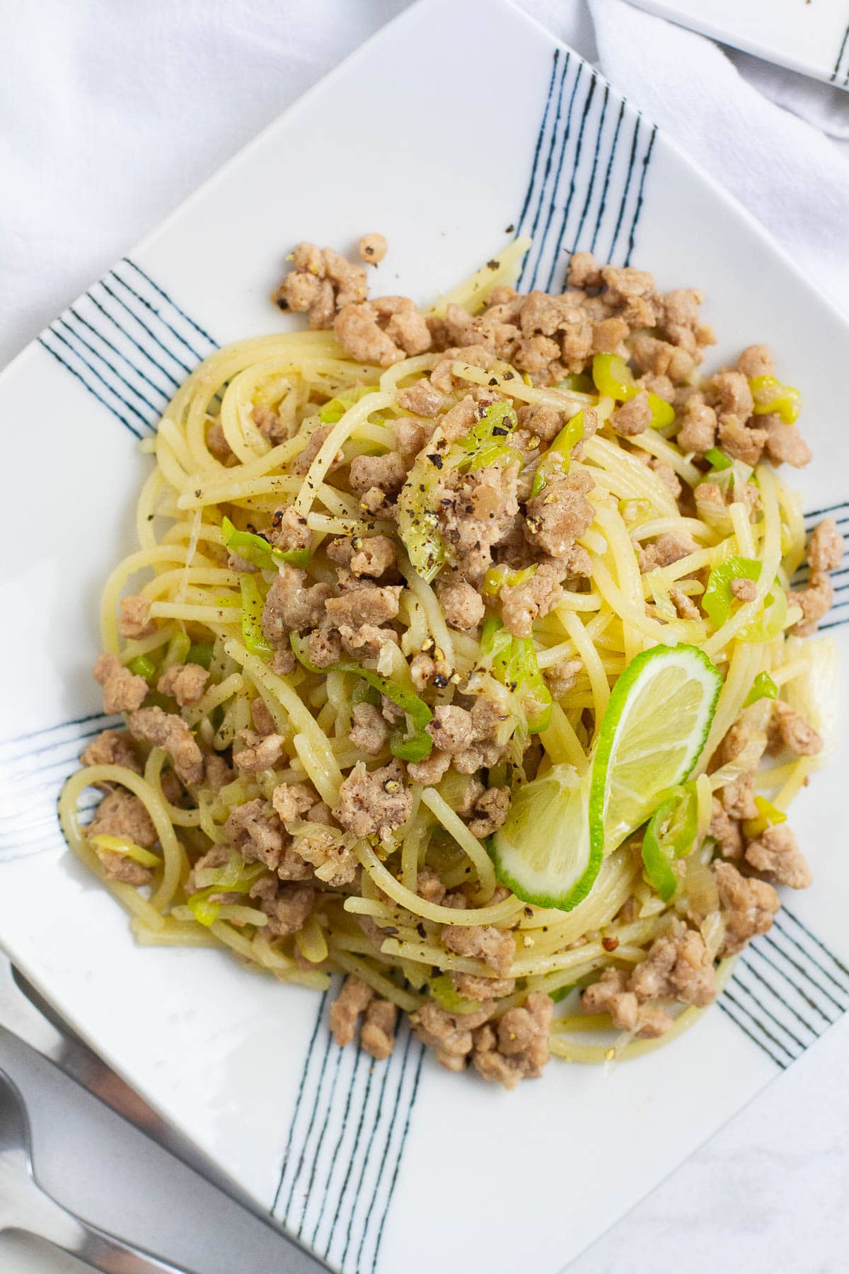 Top view of ground pork pasta.