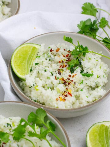 Close up shot of cilantro lime rice in a bowl.