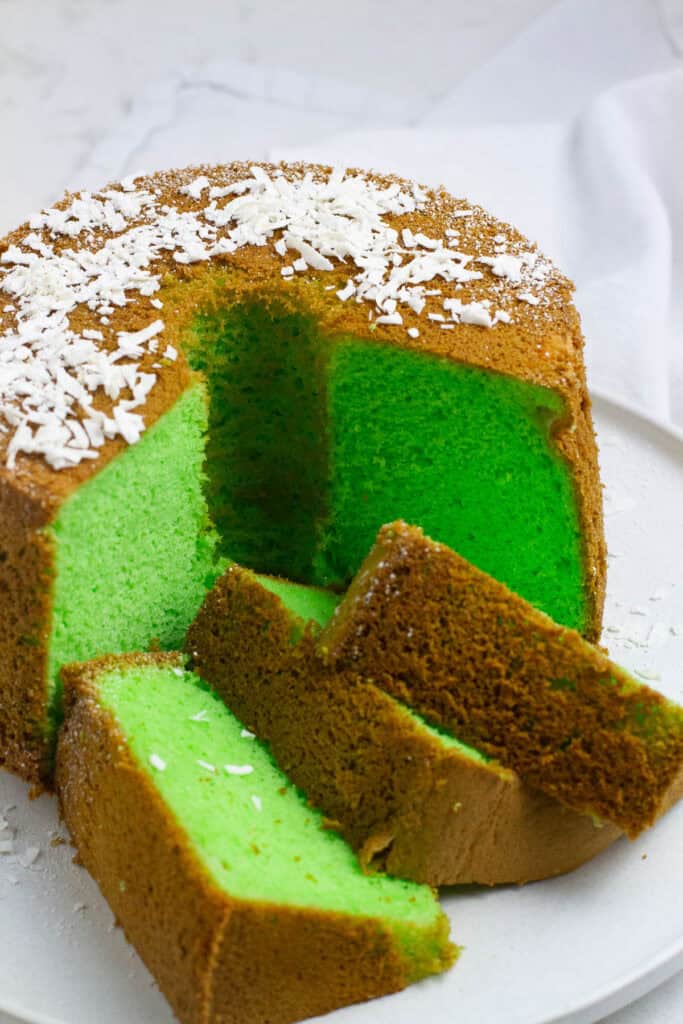 Sliced pandan chiffon cake.