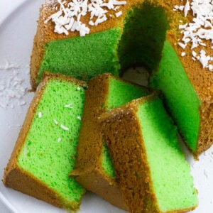 Slices of pandan chiffon cake on a plate.