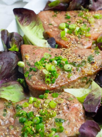 Close up shot of baked tuna steak.