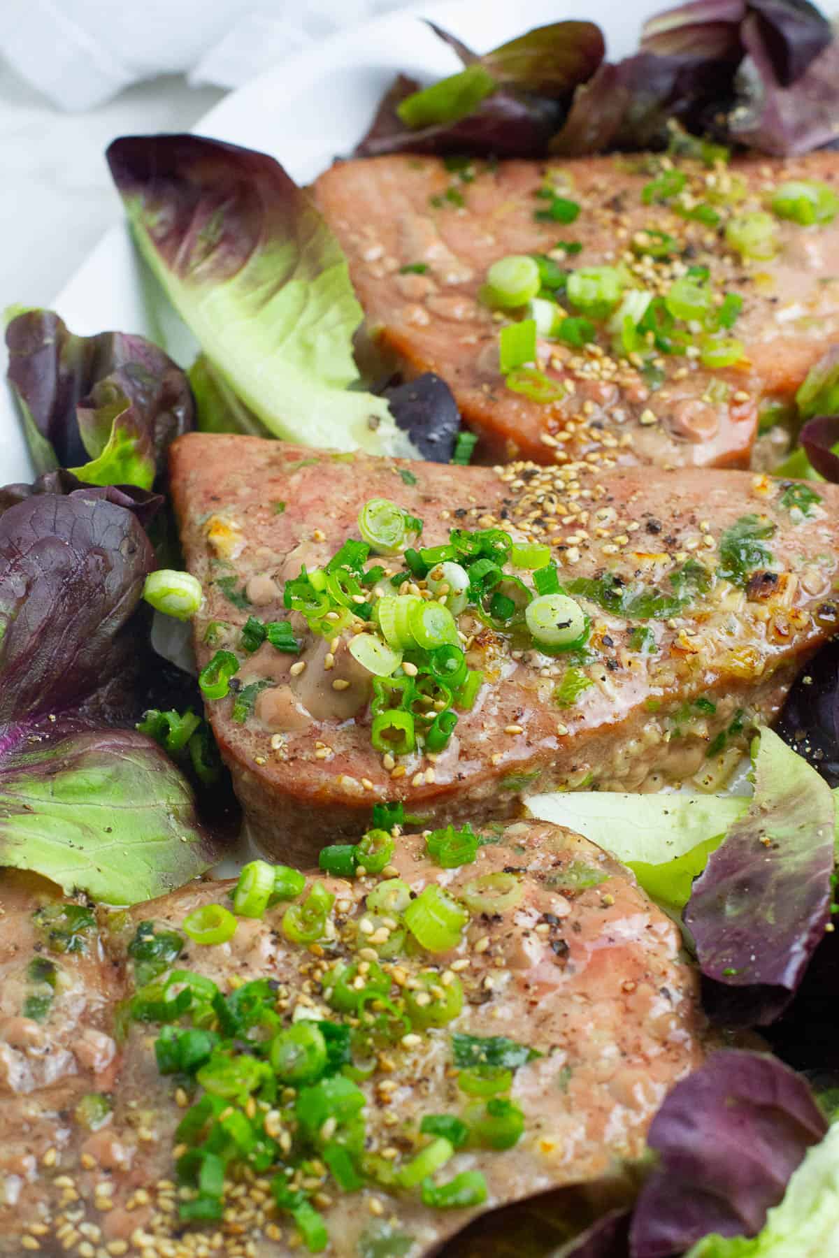 Close up shot of baked tuna steak.