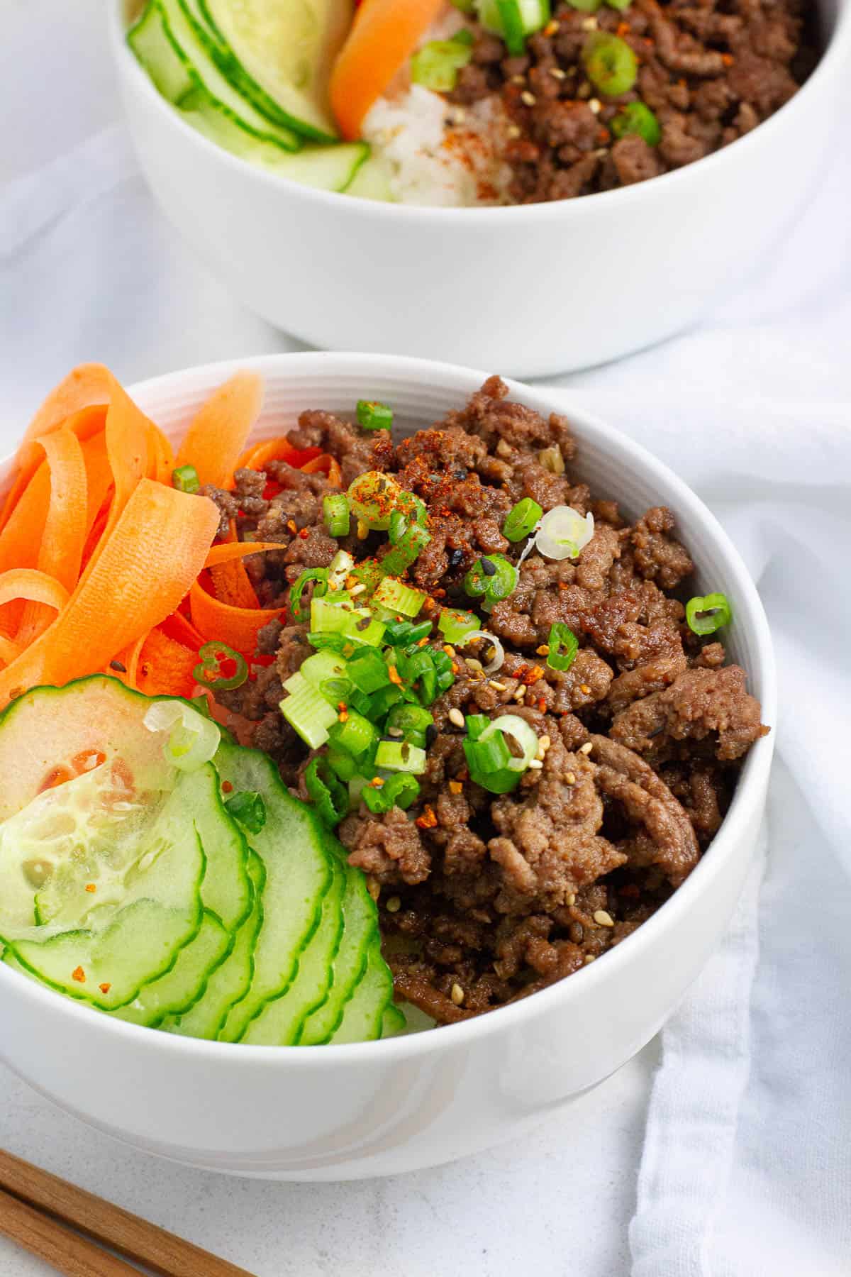 Close up shot of beef teriyaki bowl.