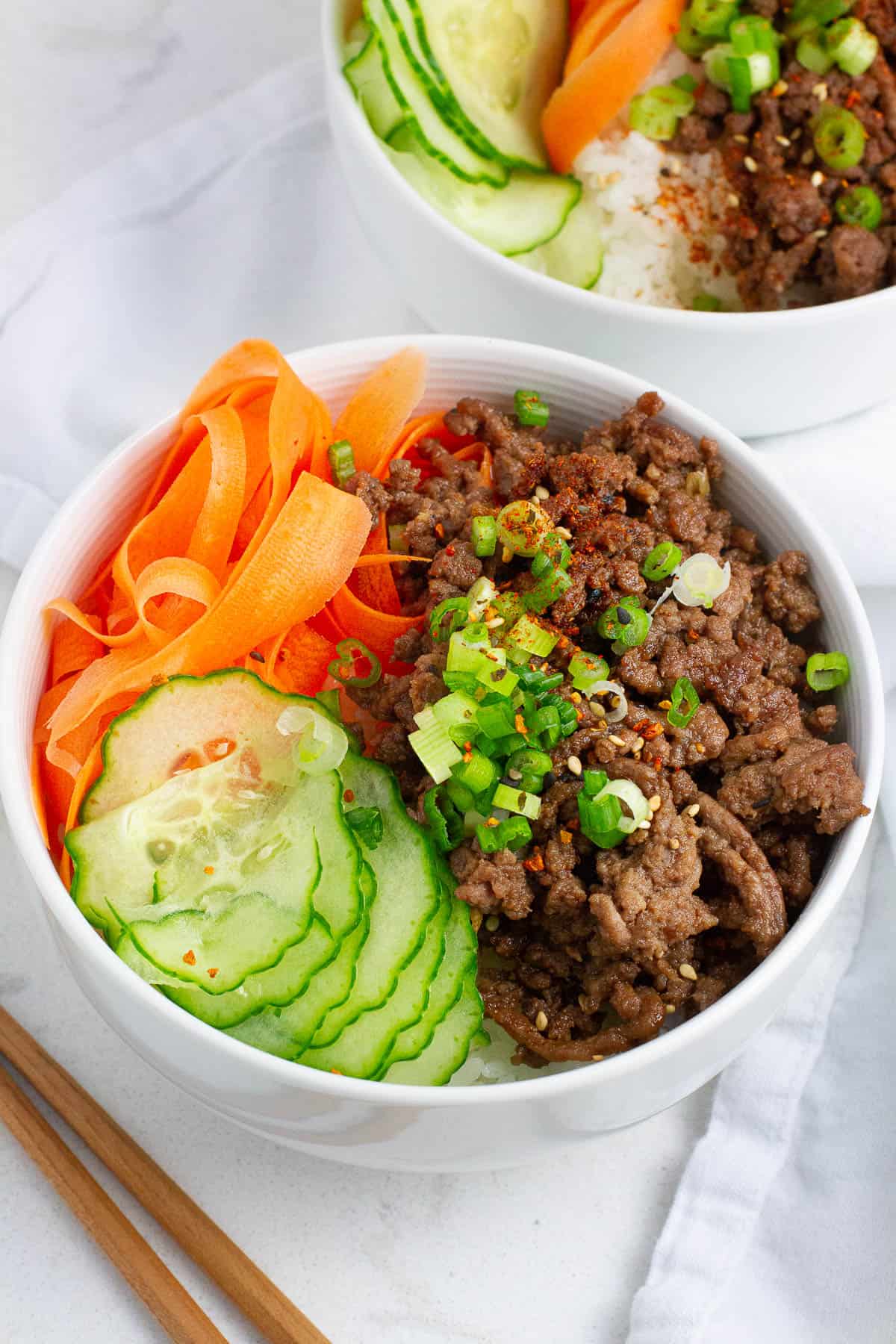 Close up shot of beef teriyaki bowl.