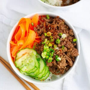 Top view of beef teriyaki bowl.