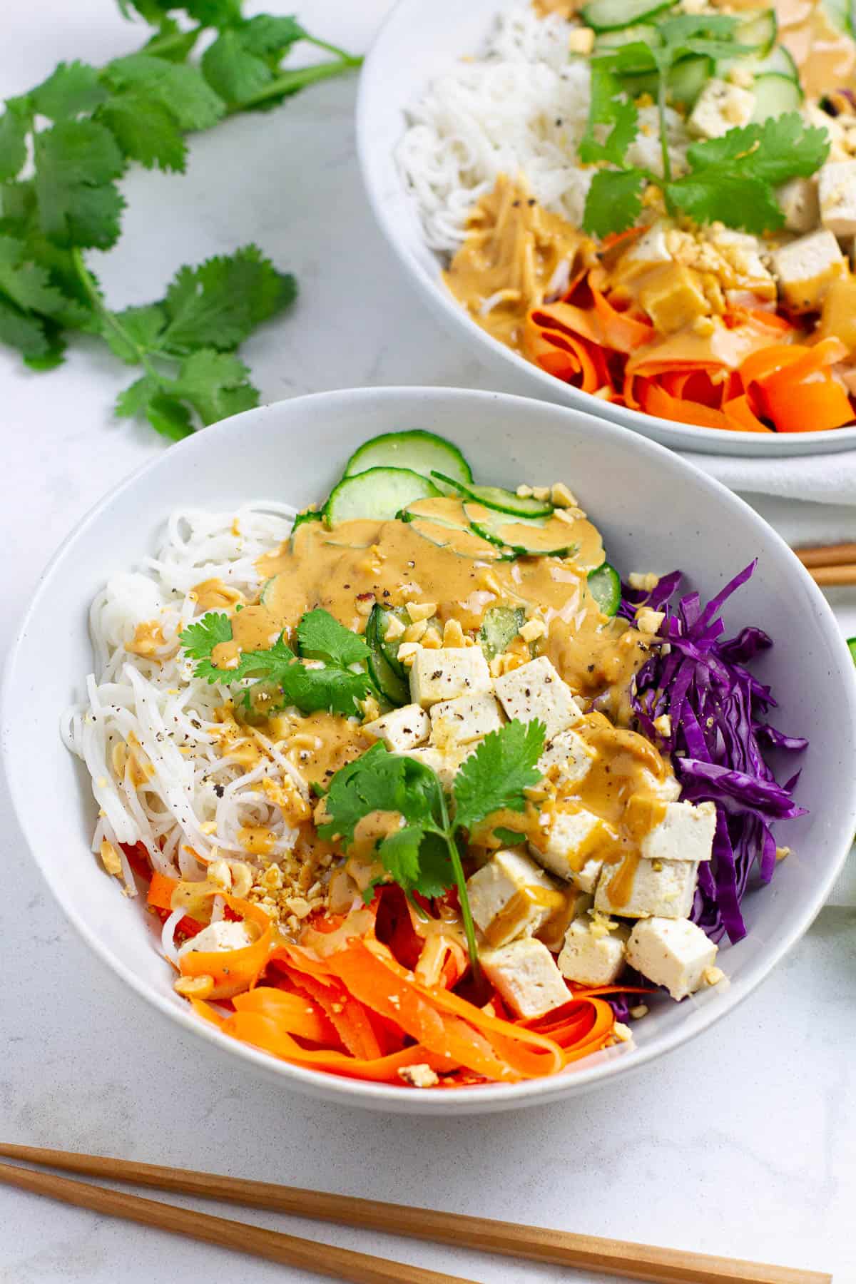 Two bowls of spring roll bowls.