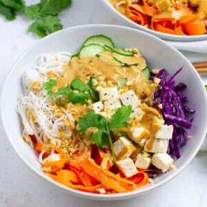 Spring roll bowl with dressing drizzled.