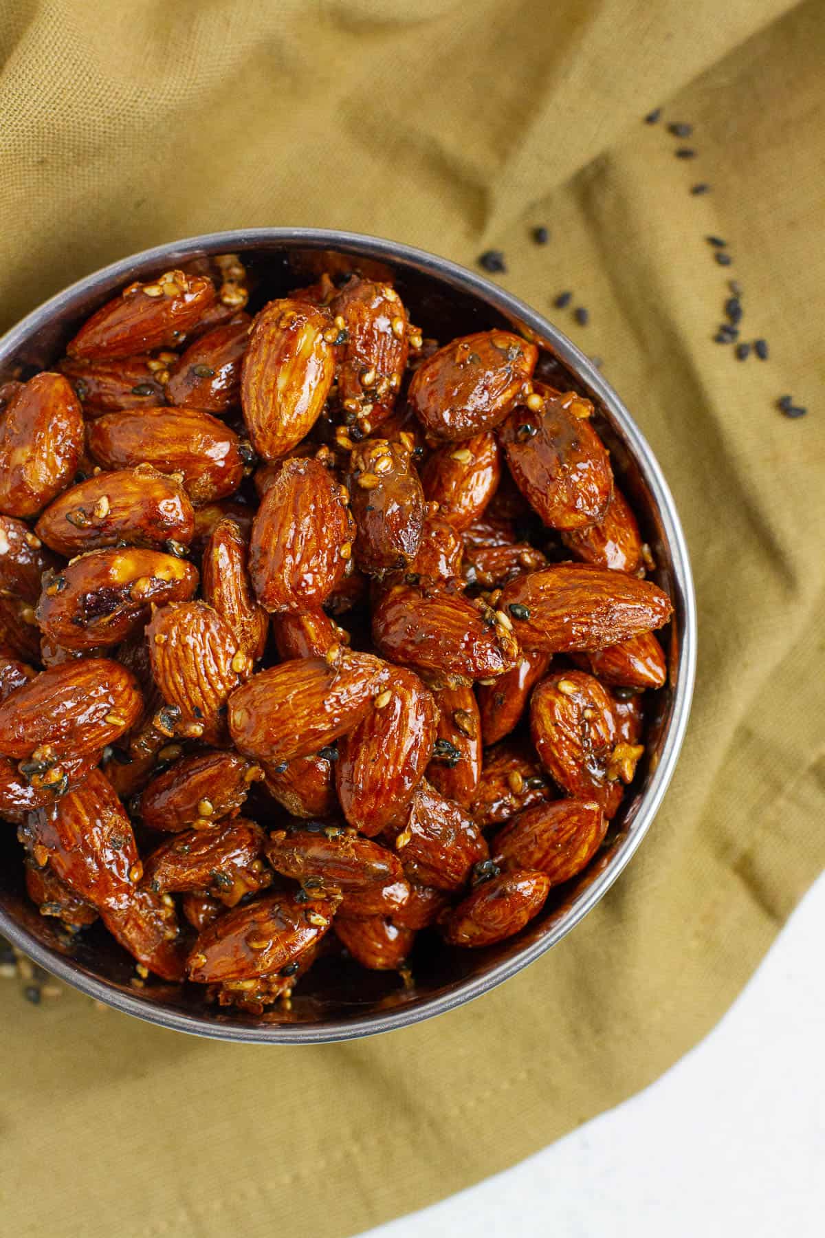 Top view of tamari almonds.
