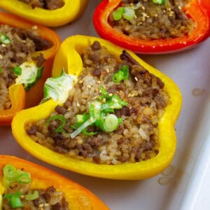 Close up shot of stuffed bell peppers.