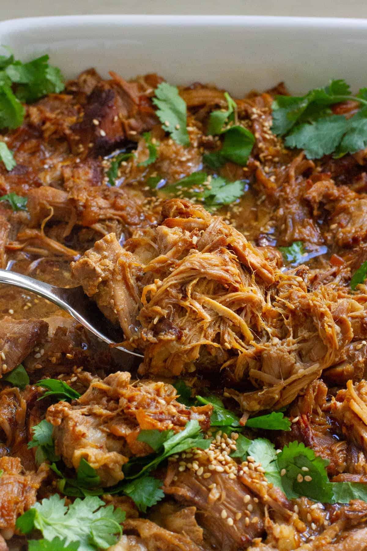 Close up shot of Instant Pot Asian pulled pork.