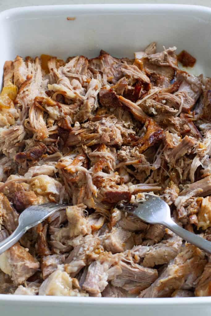 Cooked pork butt being shredded in a casserole.